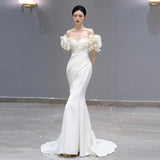 Fishtail Light Wedding Dress High-End Light Luxury Shoulder Bride Flowers Go Out Yarn Niche To Shoot White Engagement Dress Skirt HZ0517
