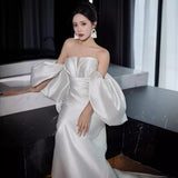 French Linden Noodles With Light Wedding Dress Bridal Minority Simple White Fishtail Welcome Yarn Wedding Dress Dress HZ0517