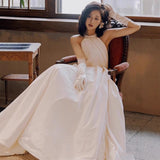 Hang Neck Wedding Temperament Retro Style Small Bride French Bare Back Thin Marriage Yarn Temperament Small Tail HZ0517