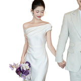 French Light Wedding Dress A Word Shoulder Engagement Dress 2026 New High-End Light Dress Certificate Registration Small White Dress Woman HZ0517