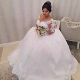 New Deep V Lord Wedding Dress New Large-Size Lace Long-Sleeved Wedding Dress Horn Yarn HZ0517