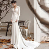 Sine-Faced Light Wedding Dress Long Sleeve Slim Fish Tail Showing Thin Welcome Yarn Temperament Lace French Hepburn Style Yarn Dress HZ0517