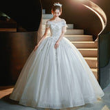 French Court Style Wedding Dress 2026 New Bride's Word Shoulder-Sand-Faced Thin Arm Simple Tweed White Wedding Dress HZ0517