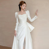 Sing Long-Sleeved Light Wedding Dress Bride High-Grade French White Simple Tailings Out Of The Yarn Temperament Hepburn Style Dress HZ0517