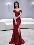 Fishtail Toast Bridal Wine Red Open Fork Engagement Dress Dress Squins Shoulder Host Senior Sense HZ0517