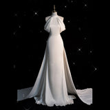 Hanging Neck Light Wedding Dress Dingy Hepburn Style Atmosphere Simple Tailing French Welcome Yarn Fishtail Dress HZ0517