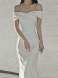 New Steven White Shoulder Evening Dress Engagement Toast Banquet Annual Fish Tail Light Wedding Dress Yarn HZ0517