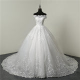 Main Wedding Dress 2025 New Pure White Large Size Lace Embroidery One-Word Shoulder Bride Wedding Wedding Dress HZ0517